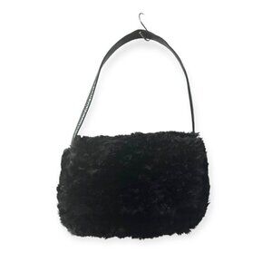 Black Curly Lamb Fur Handbag, Flap,‎ Lizard Print Leather handle.